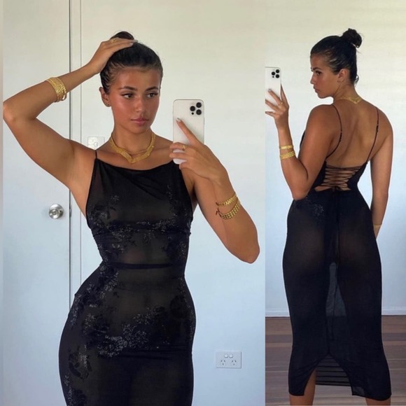 House of CB Dresses & Skirts - House of CB | Amirah Black Mesh Crystal Embellished Sheer Midi Dress XS